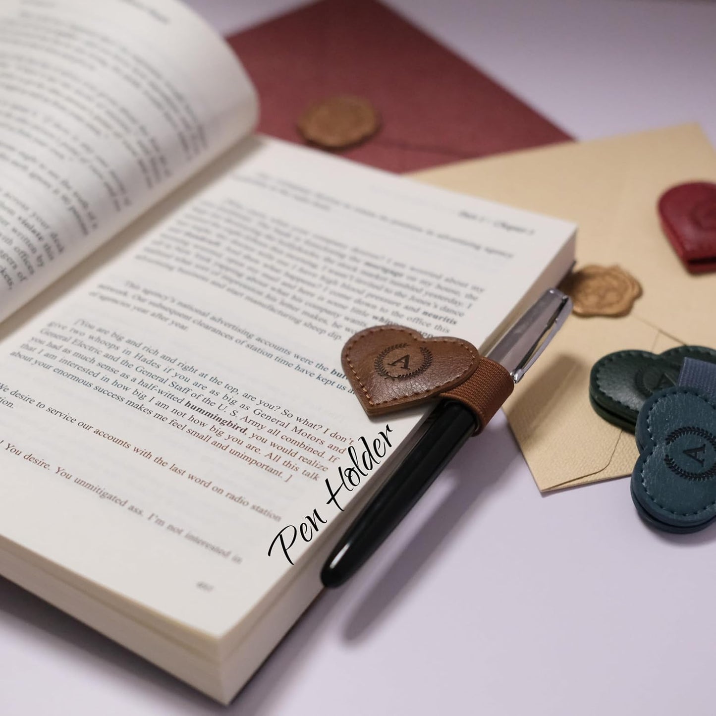 Magnetic Leather Bookmarks with Pen Holder, 26 Letters Name Initial Custom Personalized Heart-Shaped Book Marks for Book Lover Readers, Bygone Cute Leather Bookmark Gift for Women,Girls (Red,K)