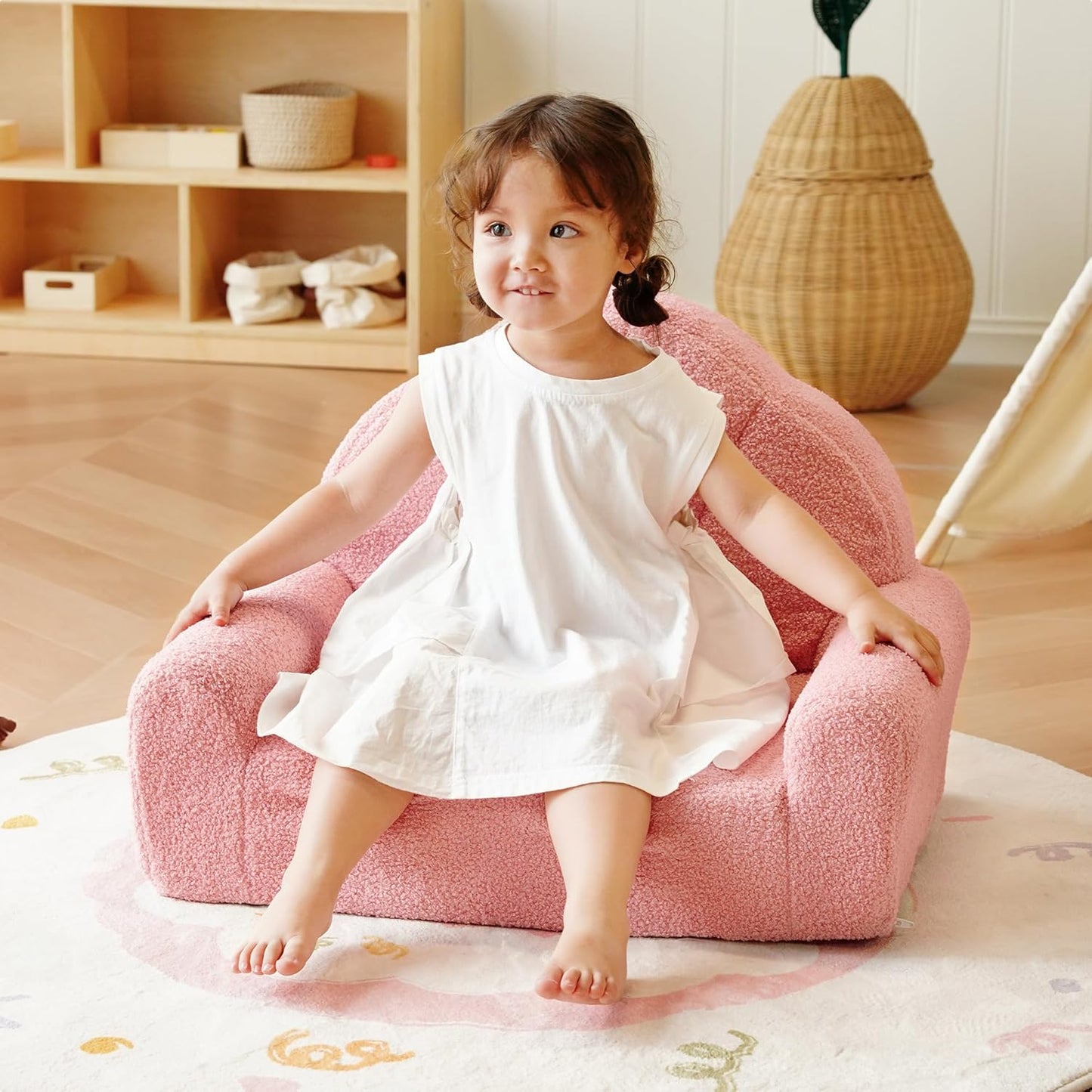 ROBUD Toddler Chair, Comfy Kids Sofa with Teddy Fleece, High Resilience Sponge, and Hidden Storage Pocket, Toddler Couch with Princess Style Design, Kids Couch for Boys and Girls, Pink