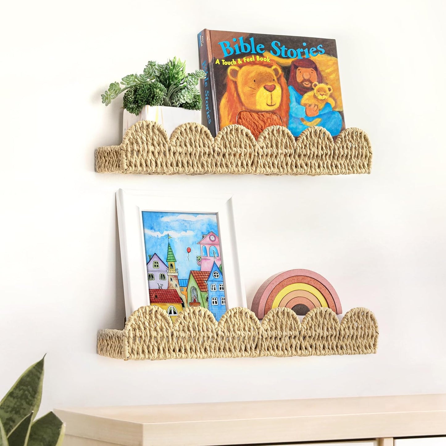 AELS Scalloped Nursery Bookshelf, Set of 2, Picture Ledge Shelf for Wall Decor, Woven Straw Paper Floating Shelves for Books, Toys, Photo Frames, Nursery, Boho Modern Farmhouse Book Shelf, Beige