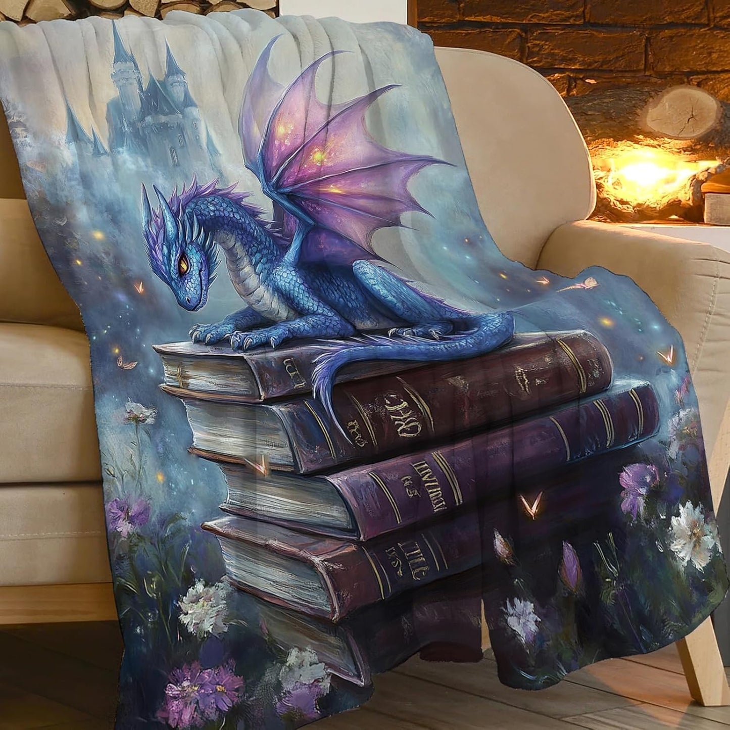 Dragon Blanket, Book Throw Blanket, Dragon Gifts, Reading Blankets, Dragons Stuff Fleece Flannel Plush for Women Men Boys Girls Lovers Adults Soft Bedding for Sofa Bed Office Home Decor 40"X50"