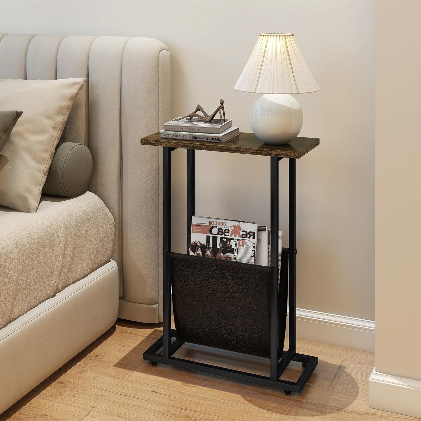 Narrow Side Table for Small Place,Metal Table with PU Leather Bag,Slim Nightstand for Reading Or Storage,Sofa Side Table for Living Room,Bedroom,Brown