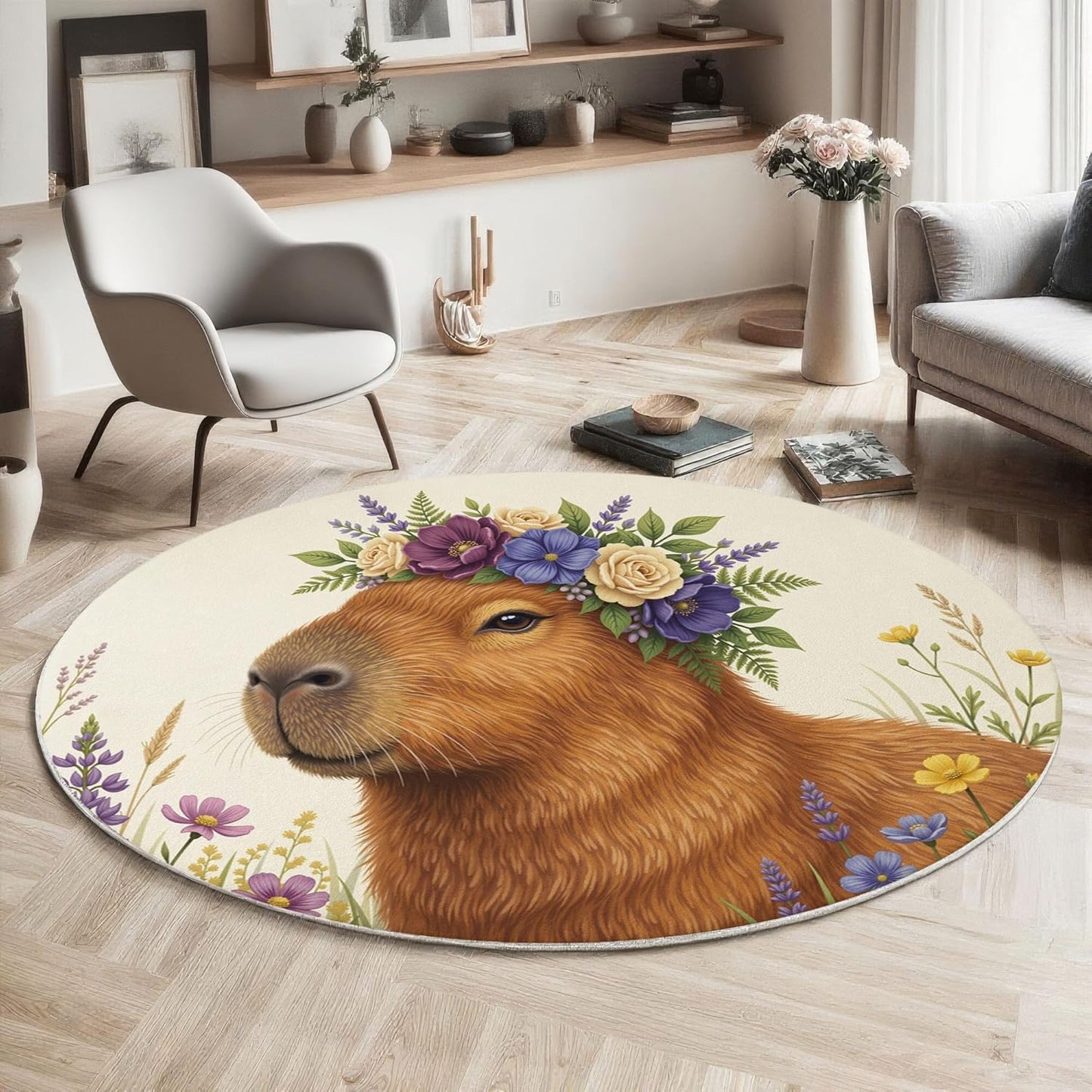 Round Rug for Kids Room, Country Style Floral Capybara Round Rugs 6Ft, Natural Animals Circle Rug, Beige Brown Washable Circle Carpet for Living Room Bedroom, Non Slip Low Pile Thin Area Rugs