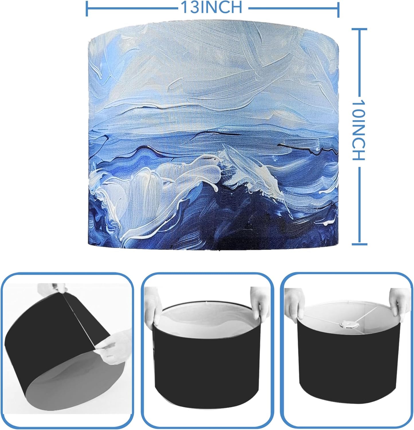 Decorative Lamp Shade Polyester Fibre Printed Drum Shade for Table Lamp & Bedside Lamp, 13 "Top x 13" Bottom x 10 "Height,Includes 2pcs (Sea Waves)