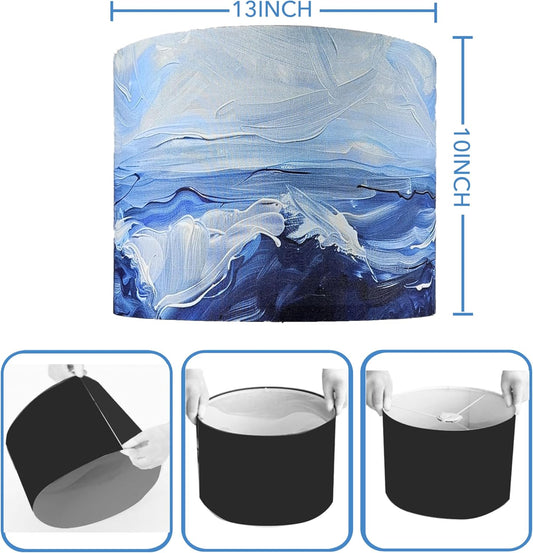 Decorative Lamp Shade Polyester Fibre Printed Drum Shade for Table Lamp & Bedside Lamp, 13 "Top x 13" Bottom x 10 "Height,Includes 2pcs (Sea Waves)