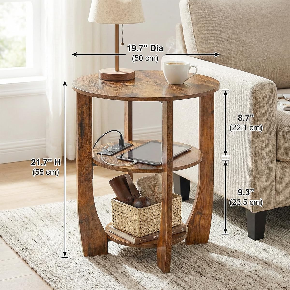Round Side Table with Charging Station,3 Tier End Table with USB Ports & Outlets,19.7" Nightstand for Bedroom,Living Room,Small Spaces,Rustic Brown Wood Look Accent Table