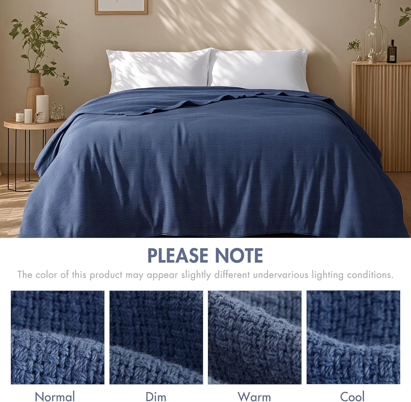 Madison Park Freshspun Basketweave Luxury Cotton Blanket Navy 108x90" King Size Basketweave Premium Soft Cozy 100% Cotton For Bed, Couch or Sofa