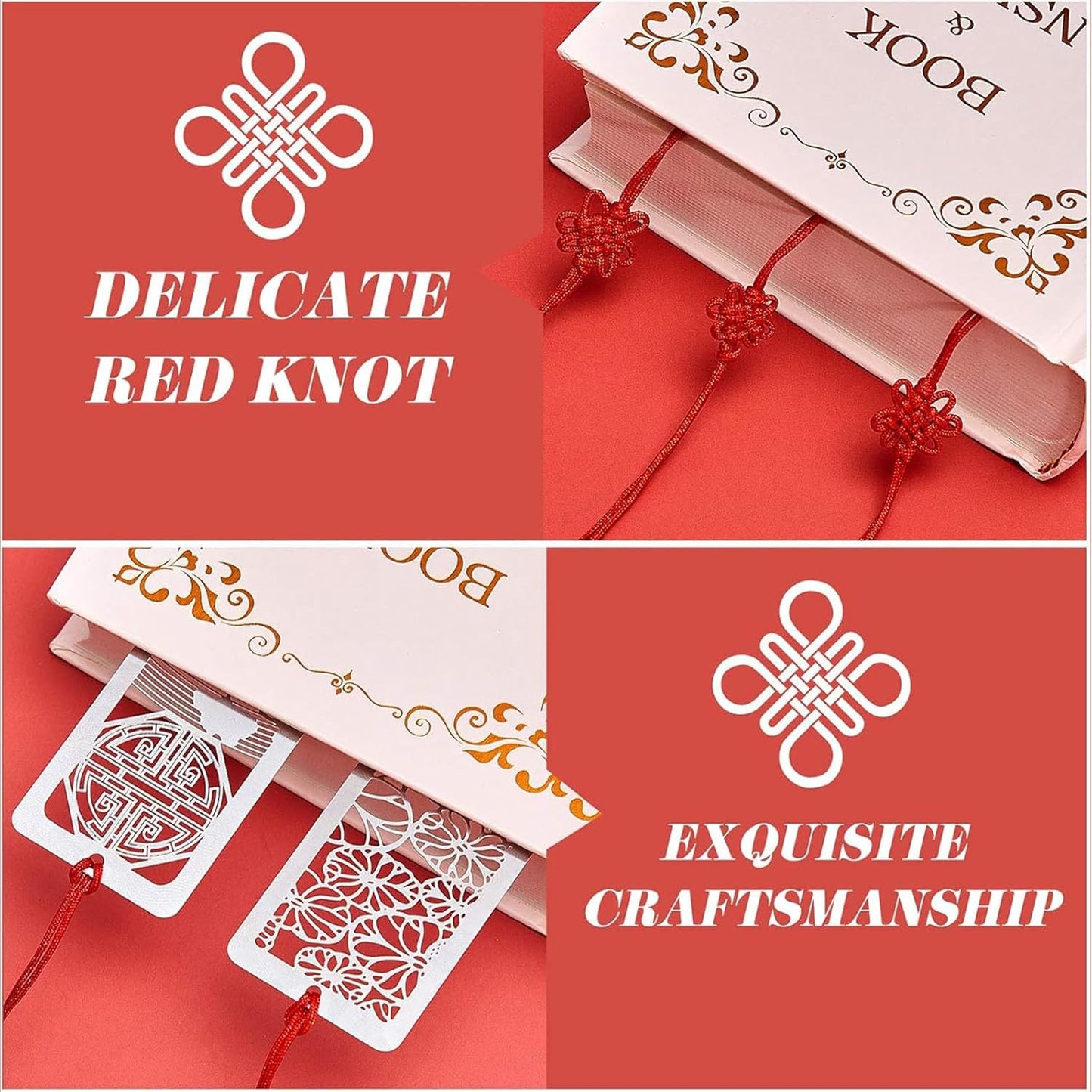 Outus 8 Pcs Hollow Metal Bookmarks Elegant Silver Gifts Classic Metal Hollow Chinese Page Marker for Women Men Stainless Steel Bookmark with Red Flower Knot