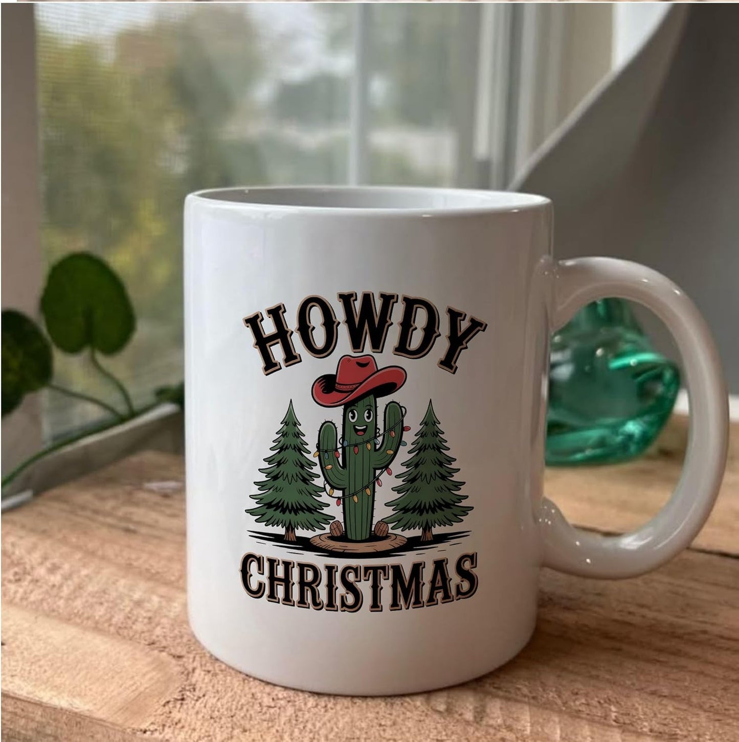 Rustic Howdy Christmas Western Cactus White Mugs, 11oz 15oz Drinking Cups, Kitchen Décor, Gifts For Book Lovers