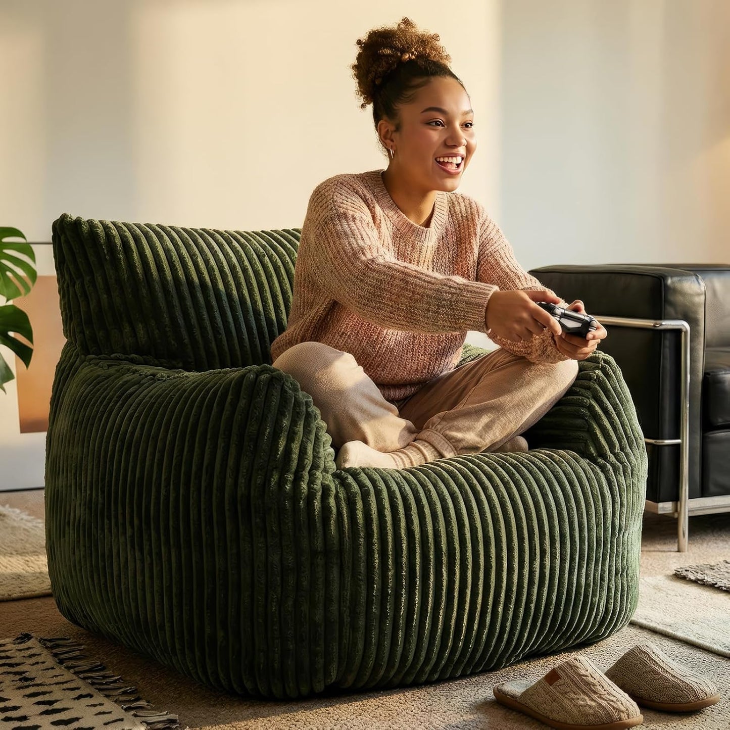 Giant Bean Bag Chair Sofa for Adults & Teens, Upgraded High Support Cushion with Solid Block Foam, Comfy Corduroy Lazy Sofa with Armrests for Living Room Bedroom Gaming Room (Green)