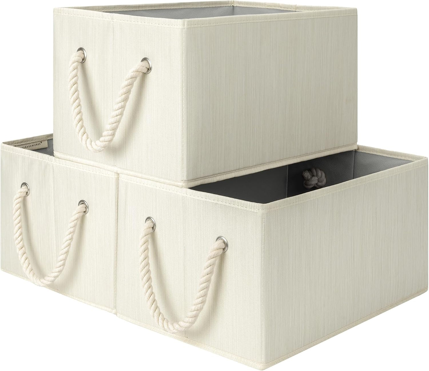 StorageWorks Storage Baskets for Shelves, Fabric Storage Bins, Closet Organization and Storage Basket, Foldable Organizer Bins for Clothes, Beige, White & Ivory, Large, 3-Pack