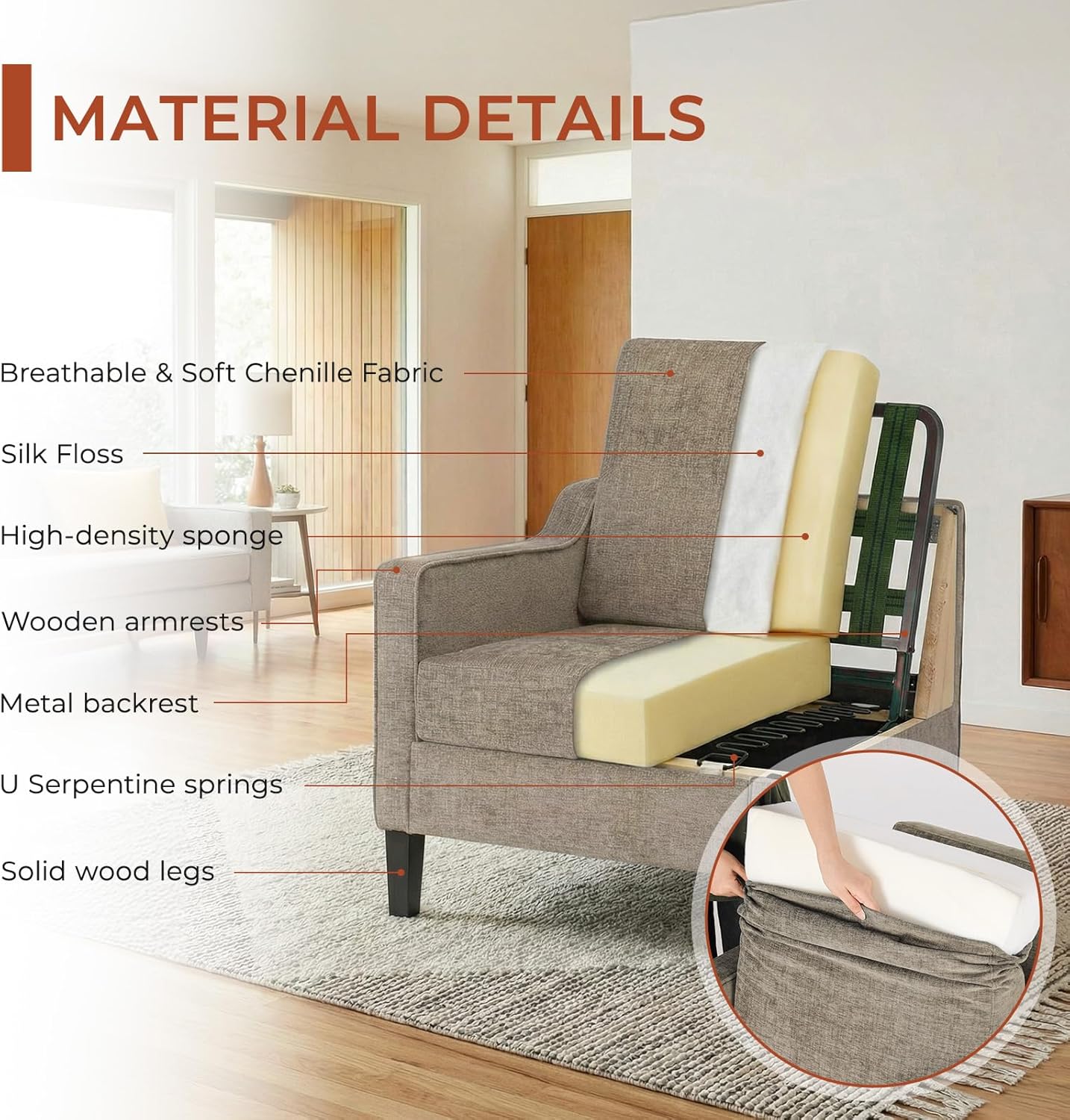 TLSUNNY Mid-Century Accent Chair, Modern Upholstered Chenille Armchair & Padded Reading Chair, Removable Cover & Wood Legs Living Room Chair, Single Sofa for Bedroom/Office/Apartment (Brown)