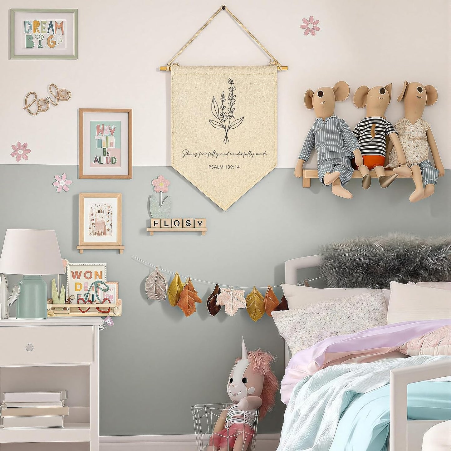 Nursery Scripture Bible Verse-Christian Botanical Decor-Canvas Hanging Pennant Flag Banner Wall Sign Decor Gift for Nursery Bedroom Playroom Decor Baby Kids Girl Boy Teen- Birthday Christmas Gift