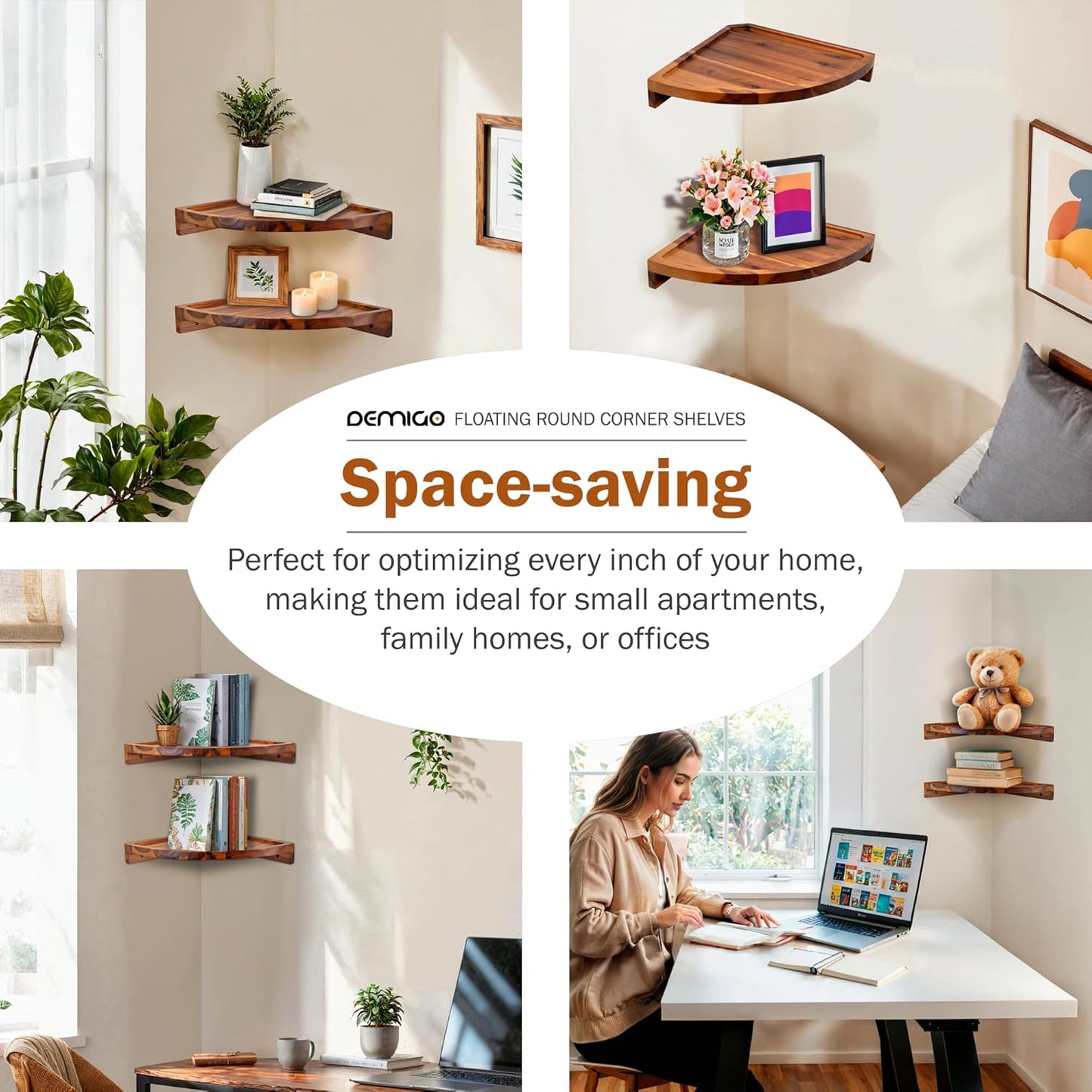 Demigo Floating Round Corner Shelves for Wall 2pcs - Acacia Wood Wall-Mounted Storage Shelves for Home Decor, Space Saving Displays for Living Room, Kitchen, Office, and Bedroom (Natural Brown)