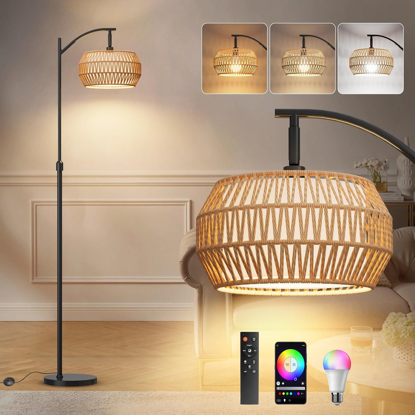 Arc Floor Lamps for Living Room with 3 Color Temperatures, Boho Farmhouse Floor Lamp with Remote & Dimmable RGB Bulb, Standing Lamp with Rattan & Fabric Shades, Adjustable Tall Lamp for Bedroom Office