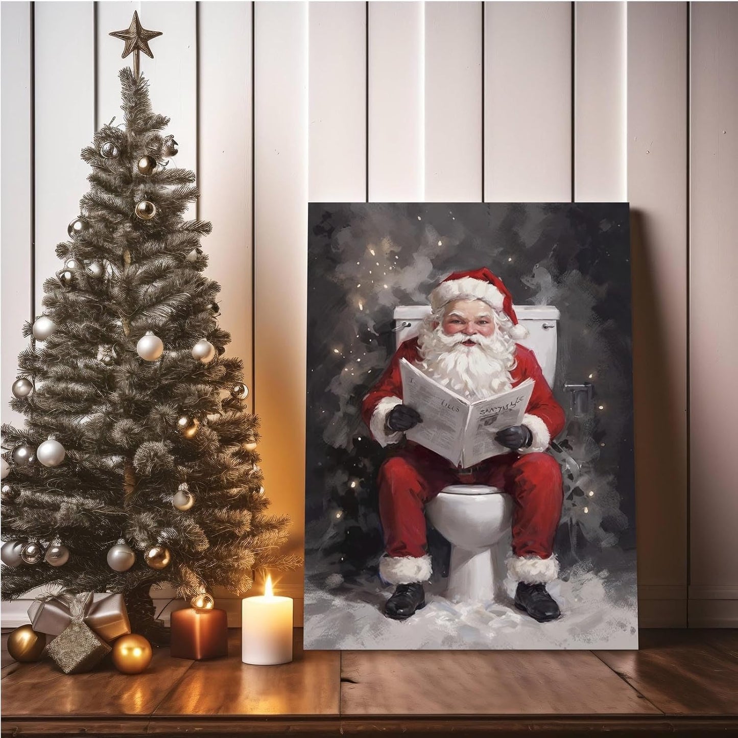 Funny bathroom wall decor Santa Claus going to toilet and reading newspaper art print bathroom wall art farmhouse wall decor canvas wall art for bedroom christmas posters