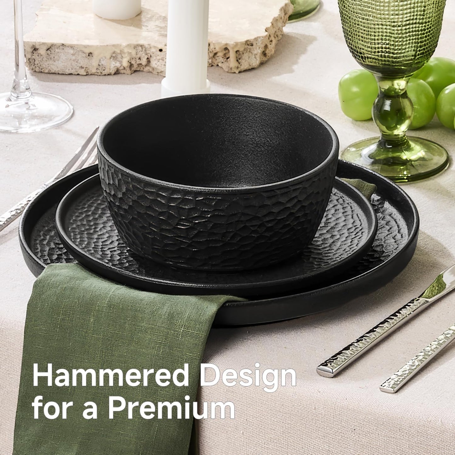 KINGSTONE Ceramic Dinnerware Set, 18-Piece Porcelain Plates and Bowls Set for 6, Matte Black or White, Hammered Texture, Microwave, Dishwasher & Oven Safe, Perfect for Home, Weddings & Gifts