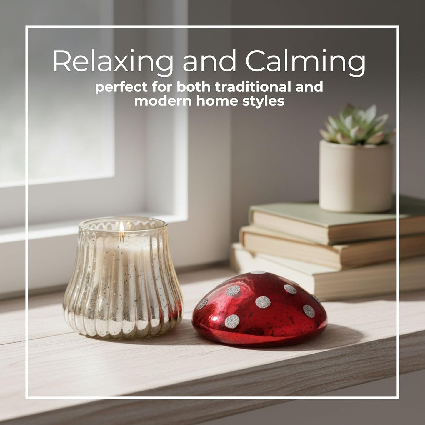Glass Candle Accent – Candle for Relaxed Ambience, Living Room or Bedroom Shelf or Table, Whimsical Mushroom Shape Home Decor With Cinnamon Scent Glow – 6" / 12 oz, Red & Silver Finish