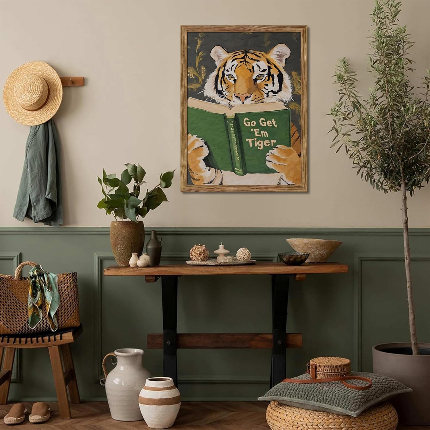 Framed Tiger Canvas Wall Art, Motivational Tigers Reading Poster Print, Humorous Bookworm Pictures Wall Decor, Vintage Go Get Em Tiger Painting for Office Library Bedroom Decor 12x16 inch