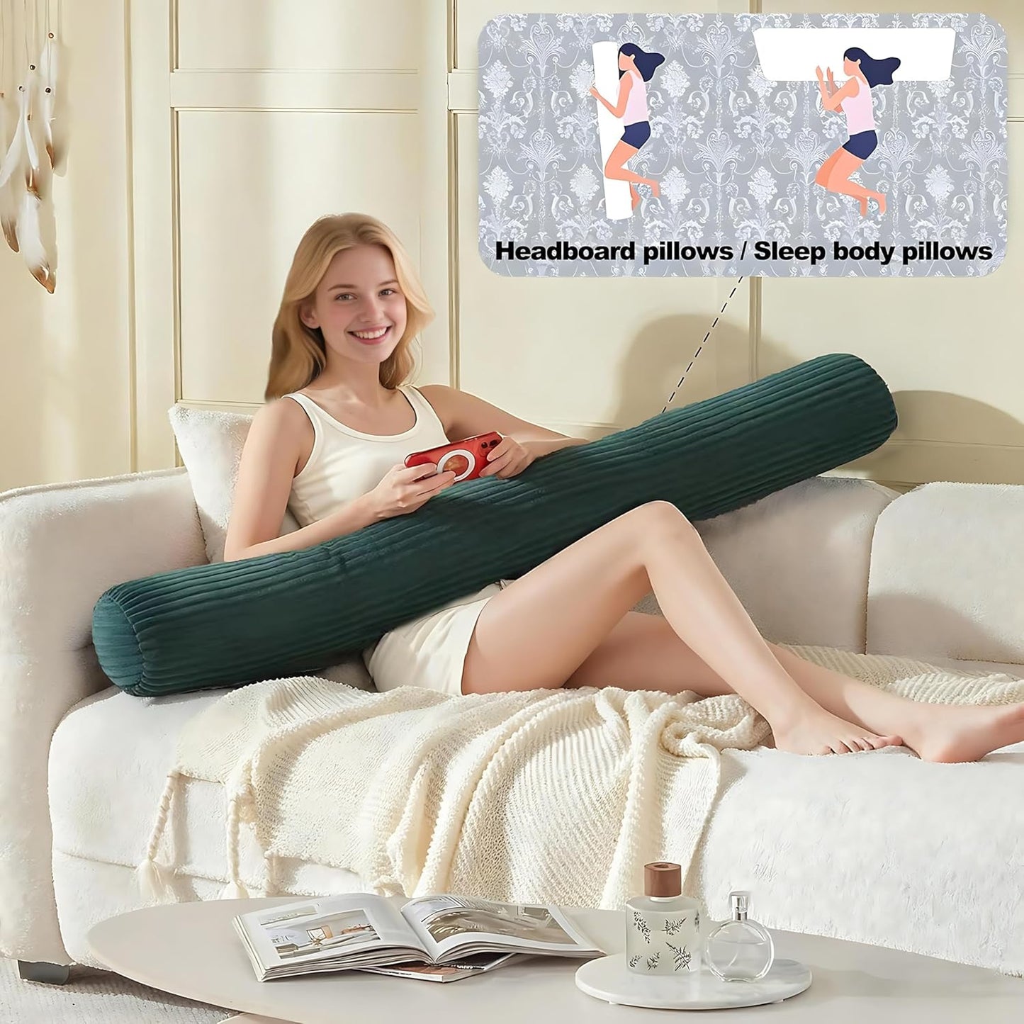 Headboard Pillow Queen, Large Triangular Wedge Cushion with Neck Roll Pillow for Reading Sitting Working, Backrest Positioning Support Bodypillow with Removable Washable Cover for Bed Dorm Sofa