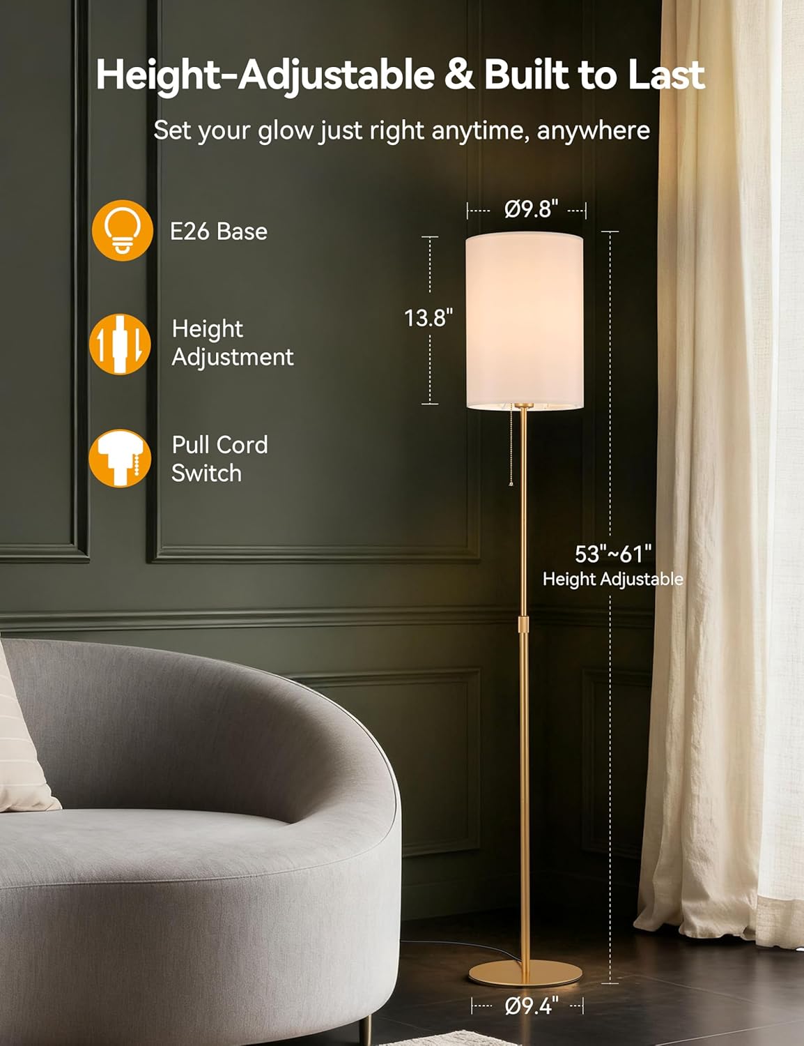 Tubicen 61" Gold Floor Lamp with Pull Chain 360° Full Beam Tall Standing Pole Lamps Adjustable Height Small Fabric Shade Base Dimmable Modern Slim Corner Floor Lamps for Living Room Bedroom Office
