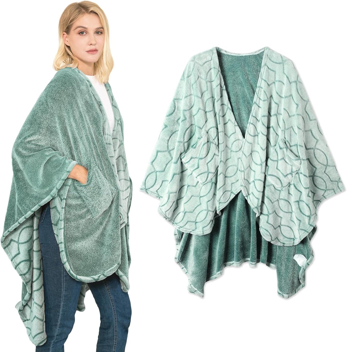 Bcareself Double-Sided Wearable Blanket Ultra Soft Flannel Shawl Blanket, Reversible Blanket,with Pockets, for Women and Men