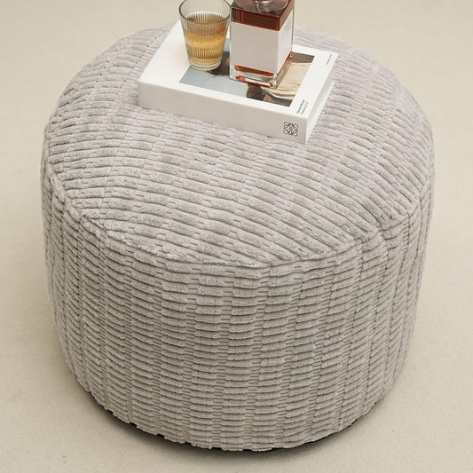 Round Stuffed Pouf Ottoman for Foot Rest, Storage Ottoman Pouf Foot Stool Cushion, Faux Fur Poufs with Foam Chunk Filling, 26 X 18 Inch Floor Chair for Living Room Bedroom Home Decor, Light Gray