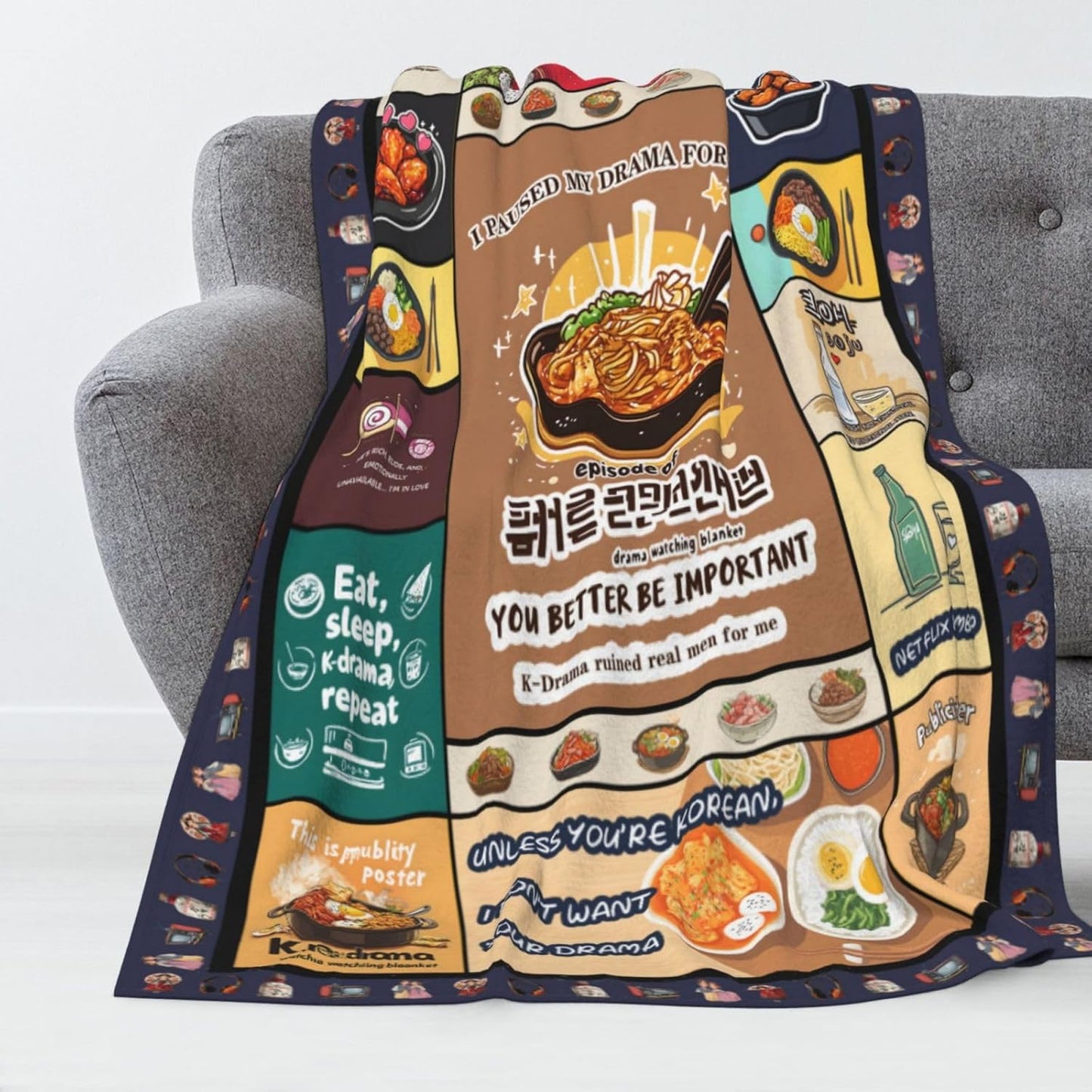Kdrama Watching Blanket 60x50 Flannel, Korean Food Collage Ramyeon Ramen Bibimbap Tteokbokki, Soft Cozy Tv Throw for Couch Sofa, Kawaii Cartoon Gift for K-Culture Fans