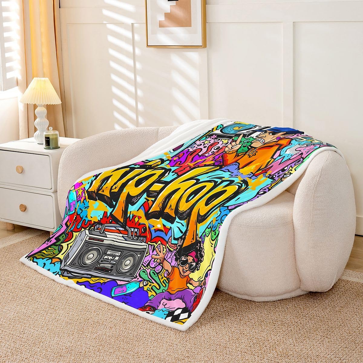 Hippie Graffiti Fleece Throw Blanket Hip Hop Radio Rock Sherpa Blanket Kids Boys Colorful Graffiti Pattern Plush Blanket Watercolor Art Fuzzy Blanket for Sofa Bed Couch Throw 50x60 Inch