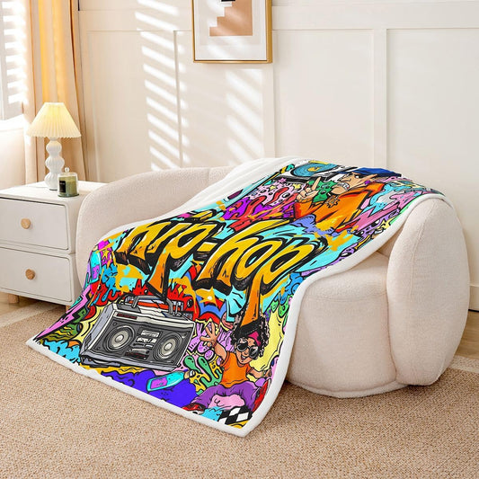 Hippie Graffiti Fleece Throw Blanket Hip Hop Radio Rock Sherpa Blanket Kids Boys Colorful Graffiti Pattern Plush Blanket Watercolor Art Fuzzy Blanket for Sofa Bed Couch Throw 50x60 Inch