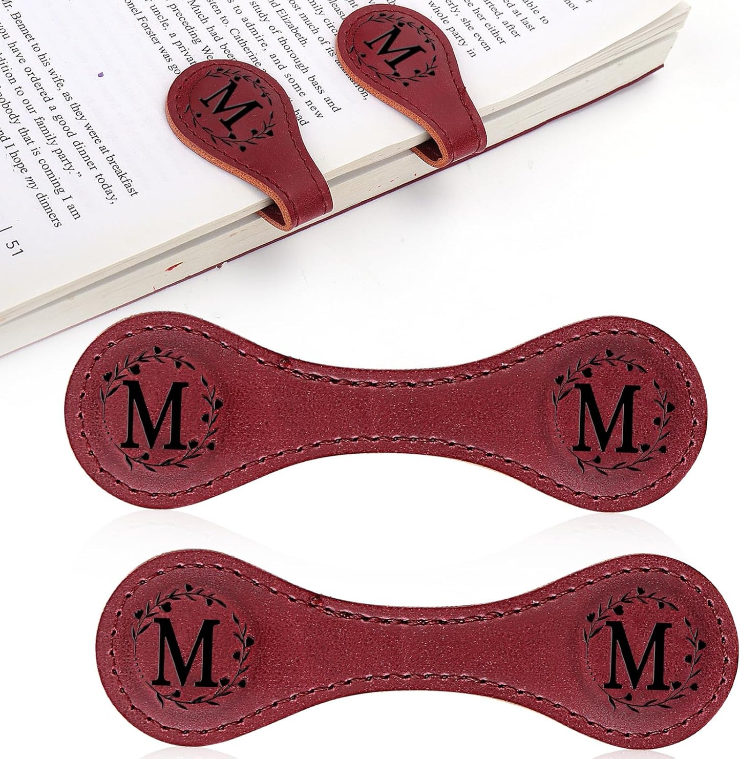2PCS Magnetic Bookmarks, Magnetic Leather Bookmark with Initial, Double-Sided Magnetic Bookmarks for Women, Bookmark Clip Gift for Book Lover Readers Men Women Teachers Students, Book Accessories (M)