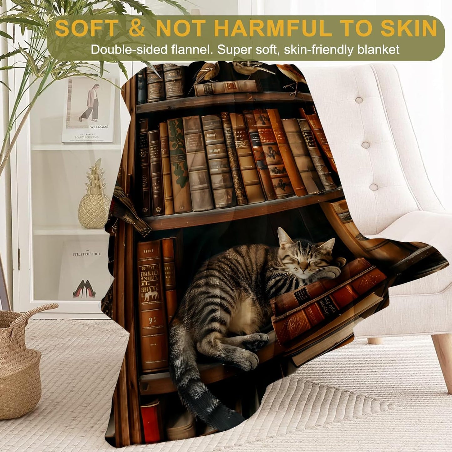 Book Flannel Blanket - Adorable Cat Napping on Bookshelf Throw,Playful Gifts for Adult & Library Lovers, Ultra Soft & Warm,Lightweight, for Couch Bedroom Living Room Modern Decor 60x80in