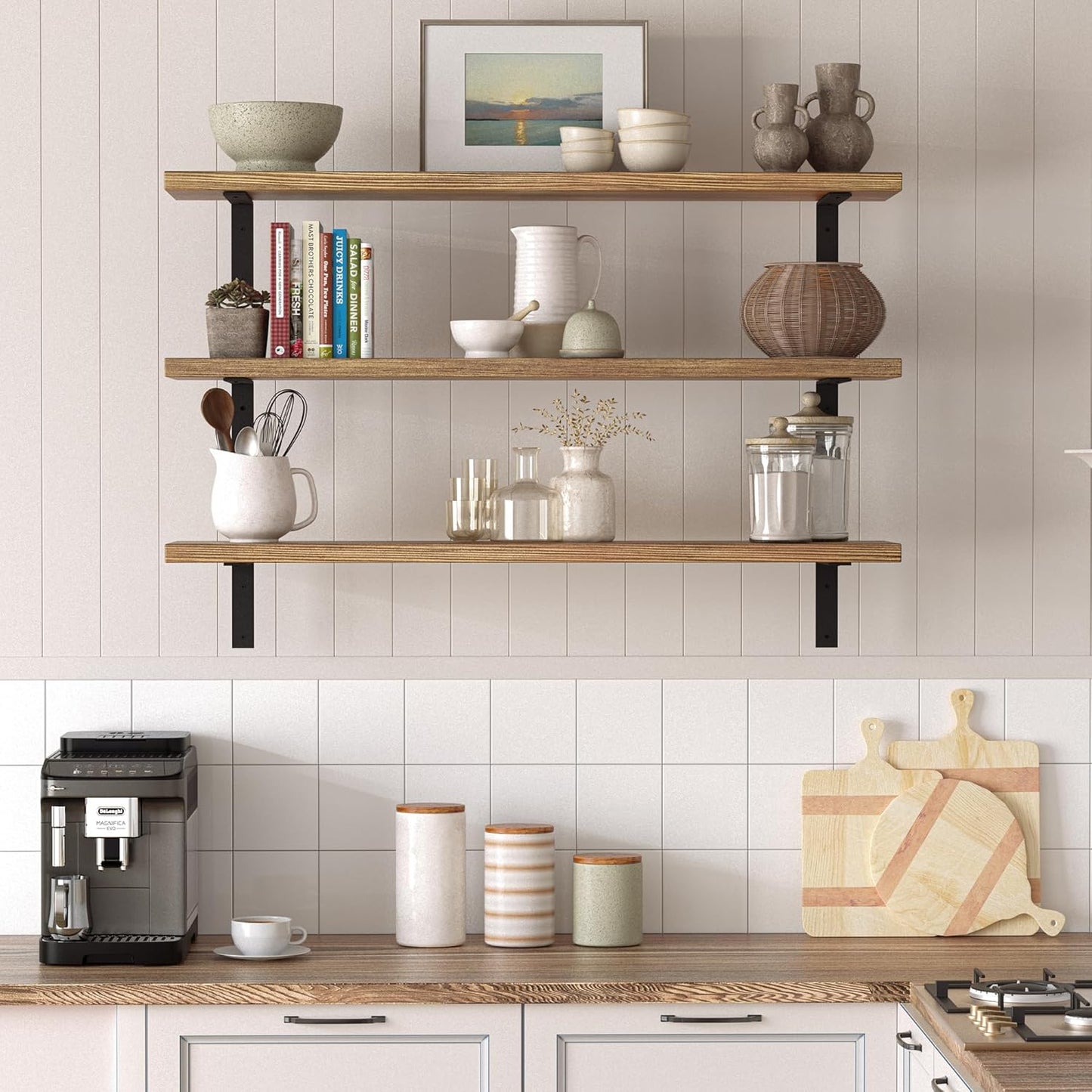 Wallniture Cervo 48" x 10" Rustic Wall Mounted Floating Shelves, Wall Bookshelf for Living Room Decor, Kitchen Shelves, Floating Shelf, Set of 3, Burnt