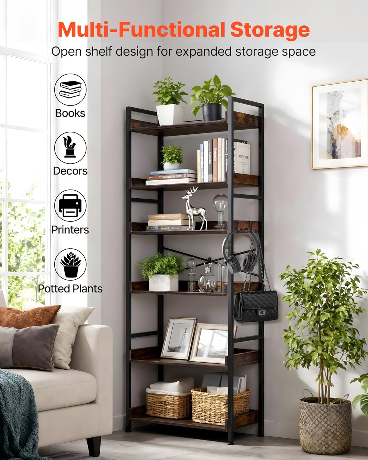 VEVOR Industrial Bookshelf, 6-Tier, Vintage Ladder Shelf Bookshelves and Bookcases, with Metal Frame, Book Organizer with Open Shelves, for Living Room, Bedroom, Kitchen, Home Office, Rustics Brown