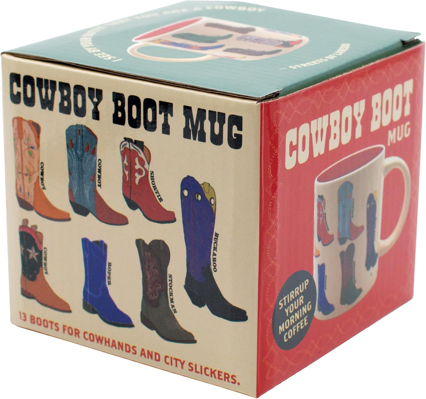 The Unemployed Philosophers Guild Cowboy Boots Mug - Featuring 13 illustrations of Western Footware, Comes in a Fun Gift Box, 12 oz