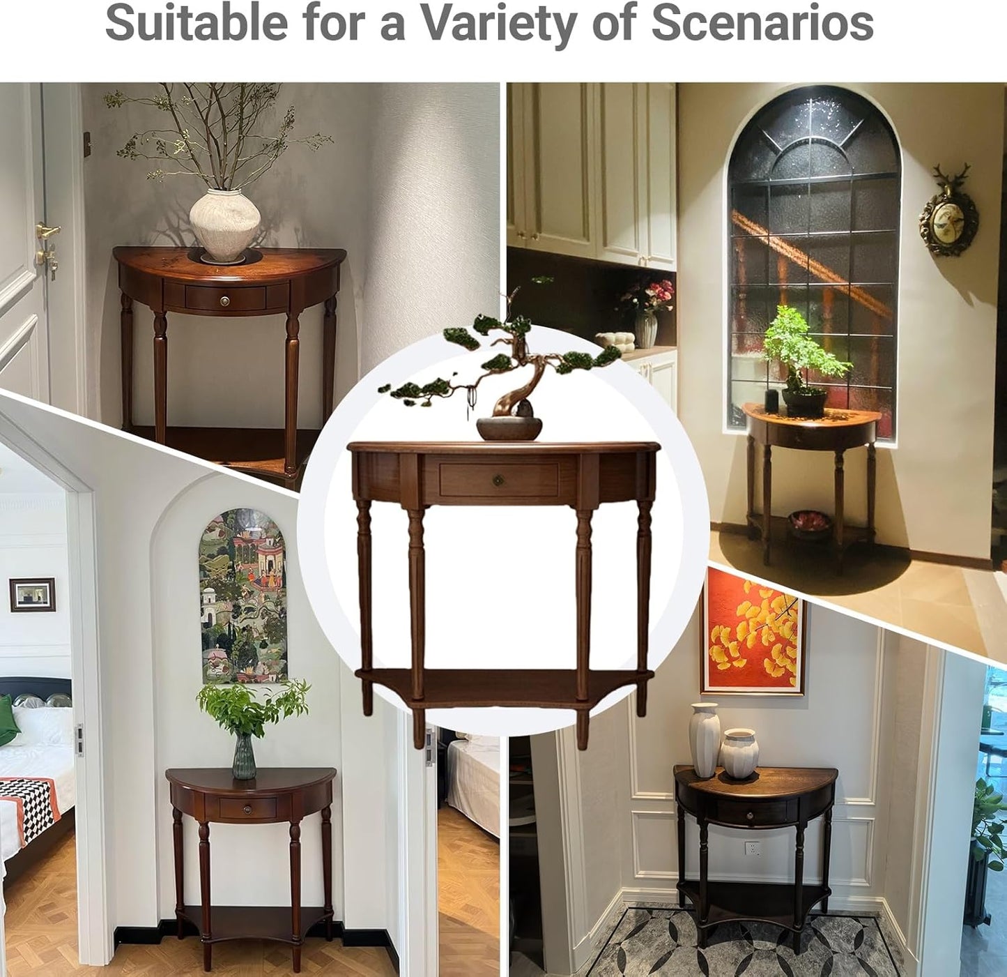 Half Moon Console Table,Solid Wood Console Tables for Entryway,Rounded corners, drawer design,with Storage Shelf,Roman column legs,for Living Room, Entrance, Hallway.(Dark Walnut,23.6*11.8*31.5in)