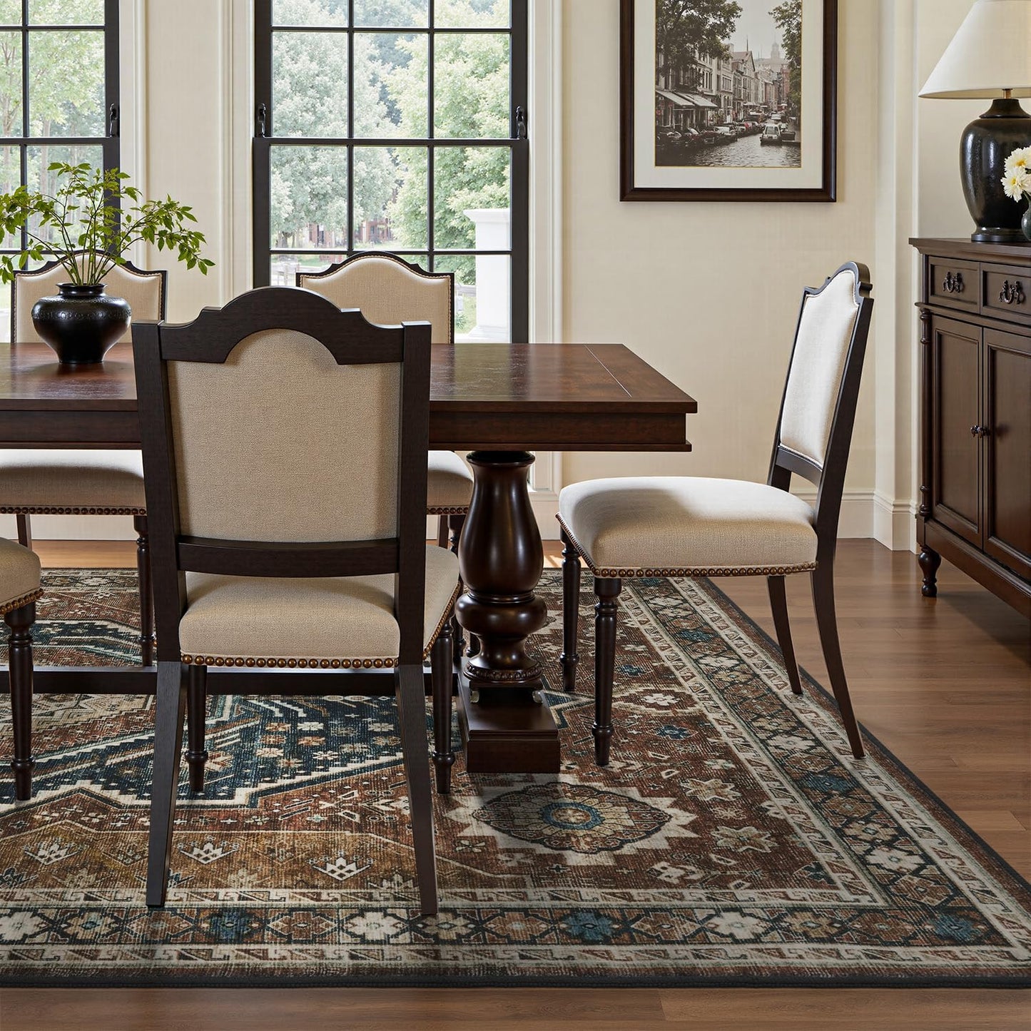 RESARE-Area Rug 6X9 Rug for Living Room-Machine Washable Rugs for Bedroom-Soft Vintage Blue Orange Non Slip Carpet- Rug for Dining Room Office Under Bed or Table