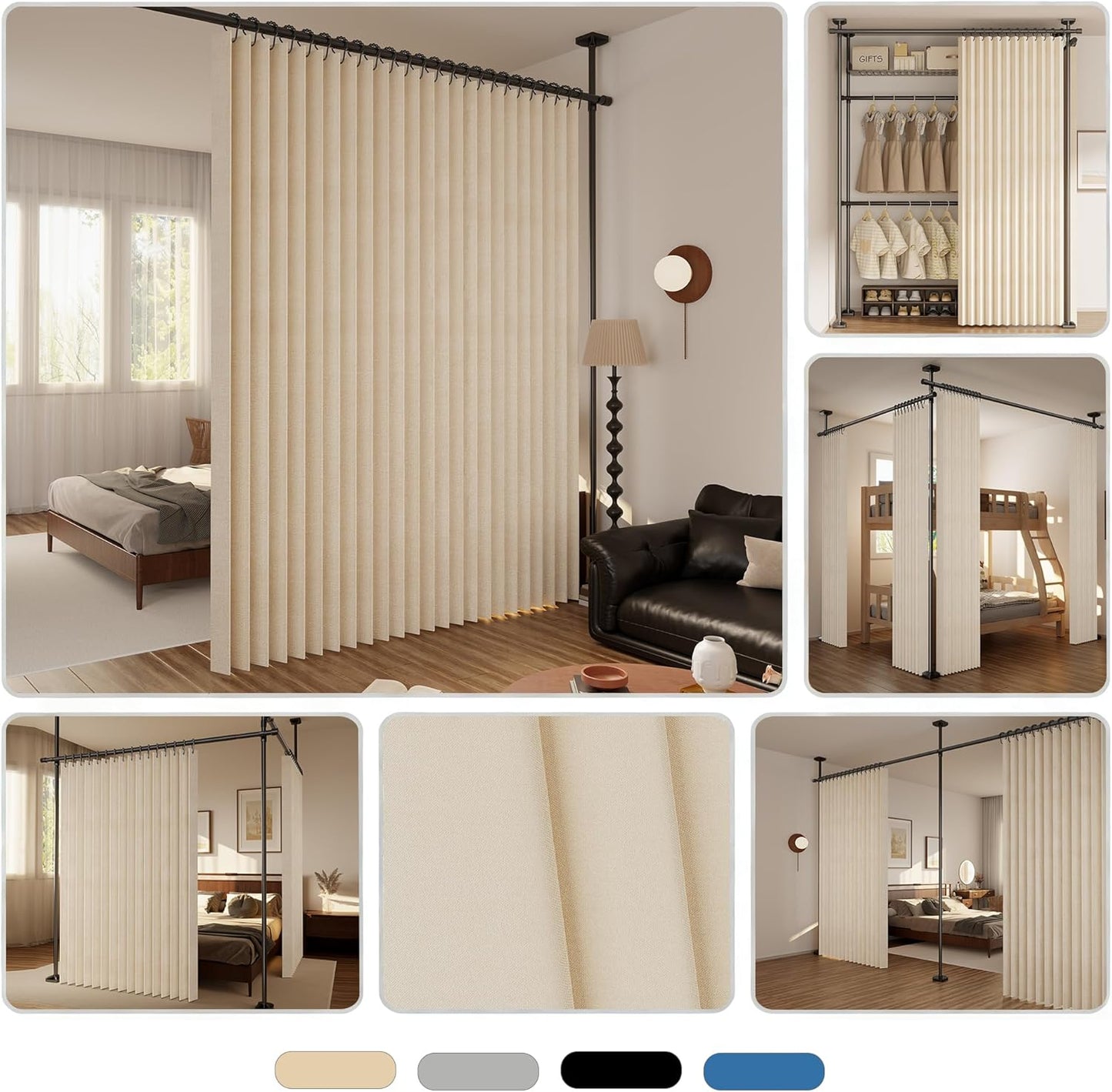 Folding Room Divider Curtain – Lightweight Draping Bedroom Privacy Curtain, Window and Bed Separator with Hooks and Tie-Back (Cream Color, W98*H95inch)