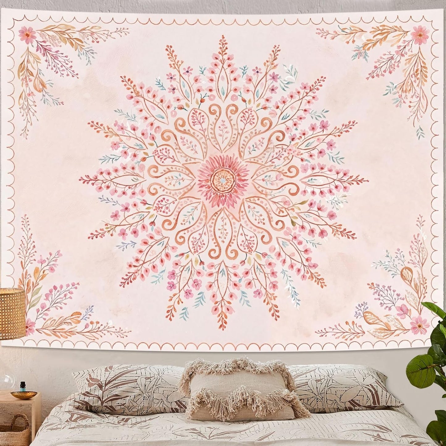 Lunerfex Floral Mandala Tapestry Boho Tapestry for Bedroom Pink Tapestries Wall Hanging Living Room Wall Art and Home Decor 60x80