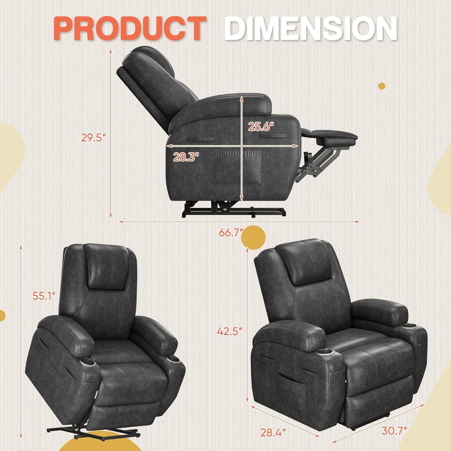 Recliner Single Sofa with Massage Cup Holders Side Pockets and Remote Control Dark Gray Electric Power Lift Recliner for Living Room Bedroom Chair