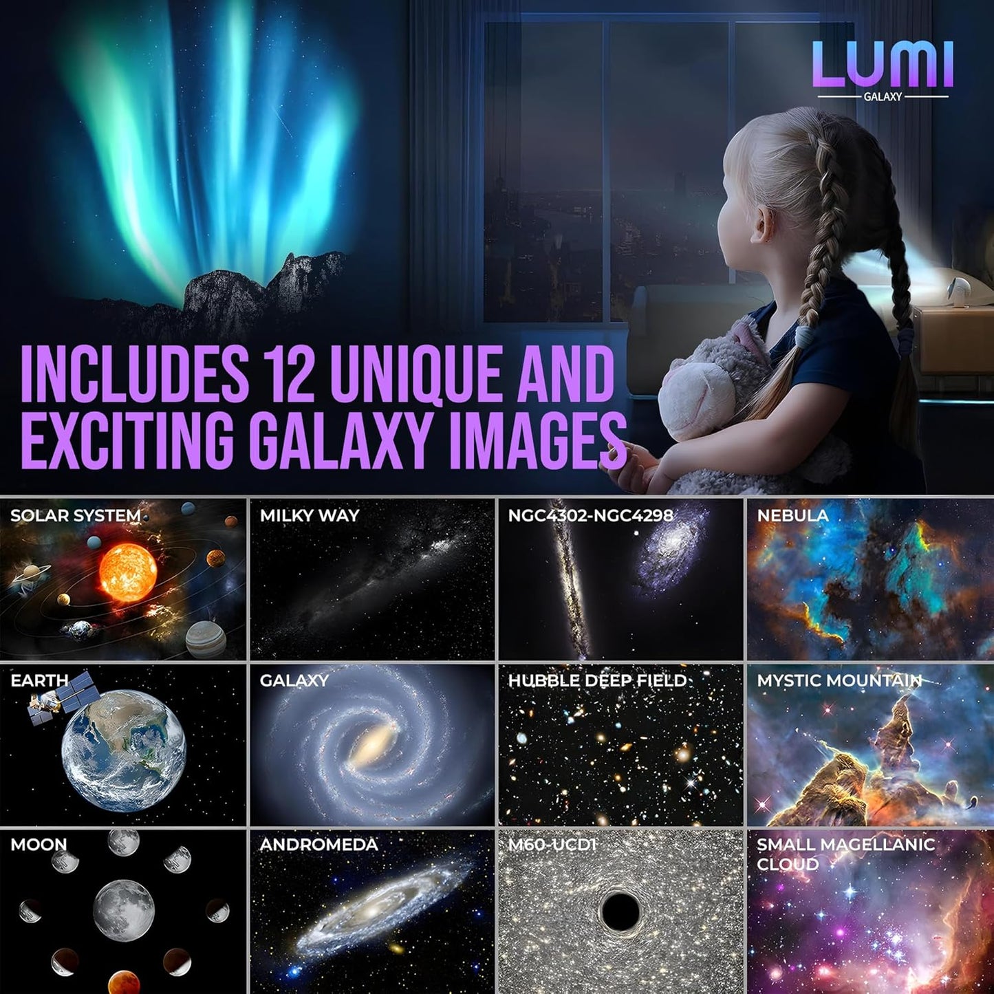 Lumi Galaxy Projector – Star Projector Galaxy Light with 12 HD Film Discs, 360° Rotating Planetarium Room Lights for Bedroom Ceiling, Night Lights for Kids, Northern Lights Projector