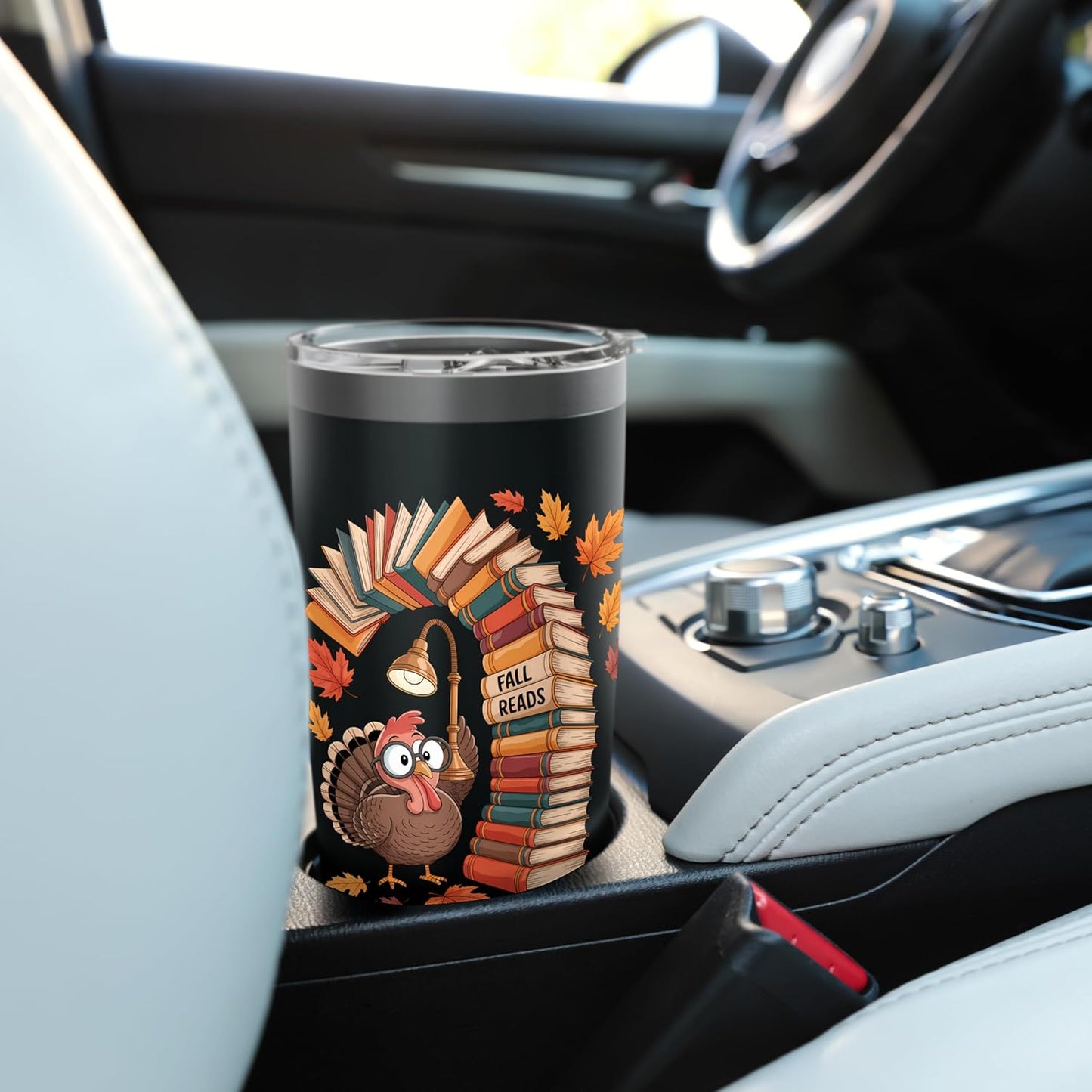 Fall Reads Turkey Book Stack Autumn Leaves Stainless Steel Insulated Tumbler