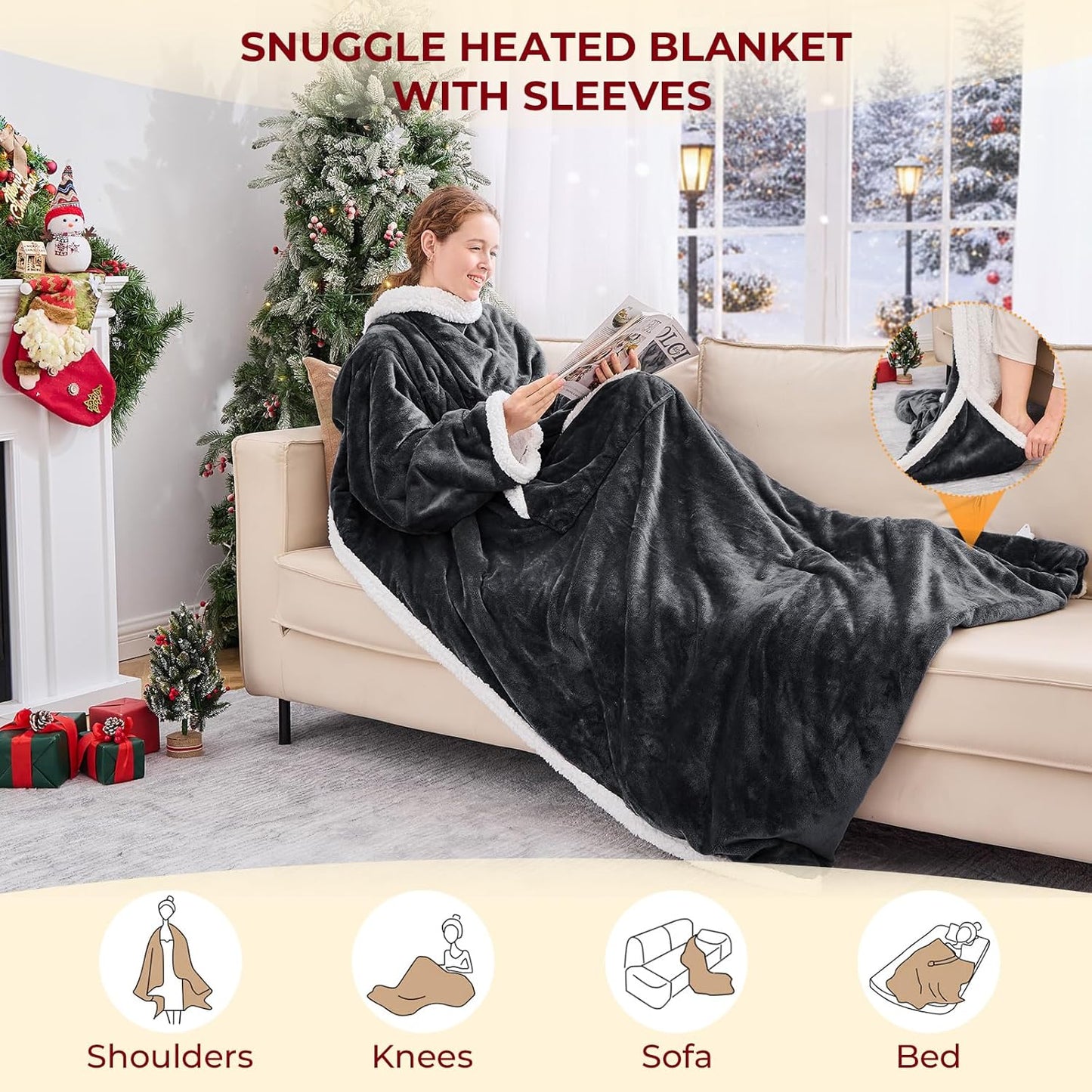 JOLLYVOGUE Wearable Heated Blanket - Heating Electric Blanket with Sleeves & Foot Pocket, Heated Throw for Adult, Birthday Gifts with 7 Heat Settings & fixed 4h Auto Shut-off (50*70 Inch, Dark Grey)
