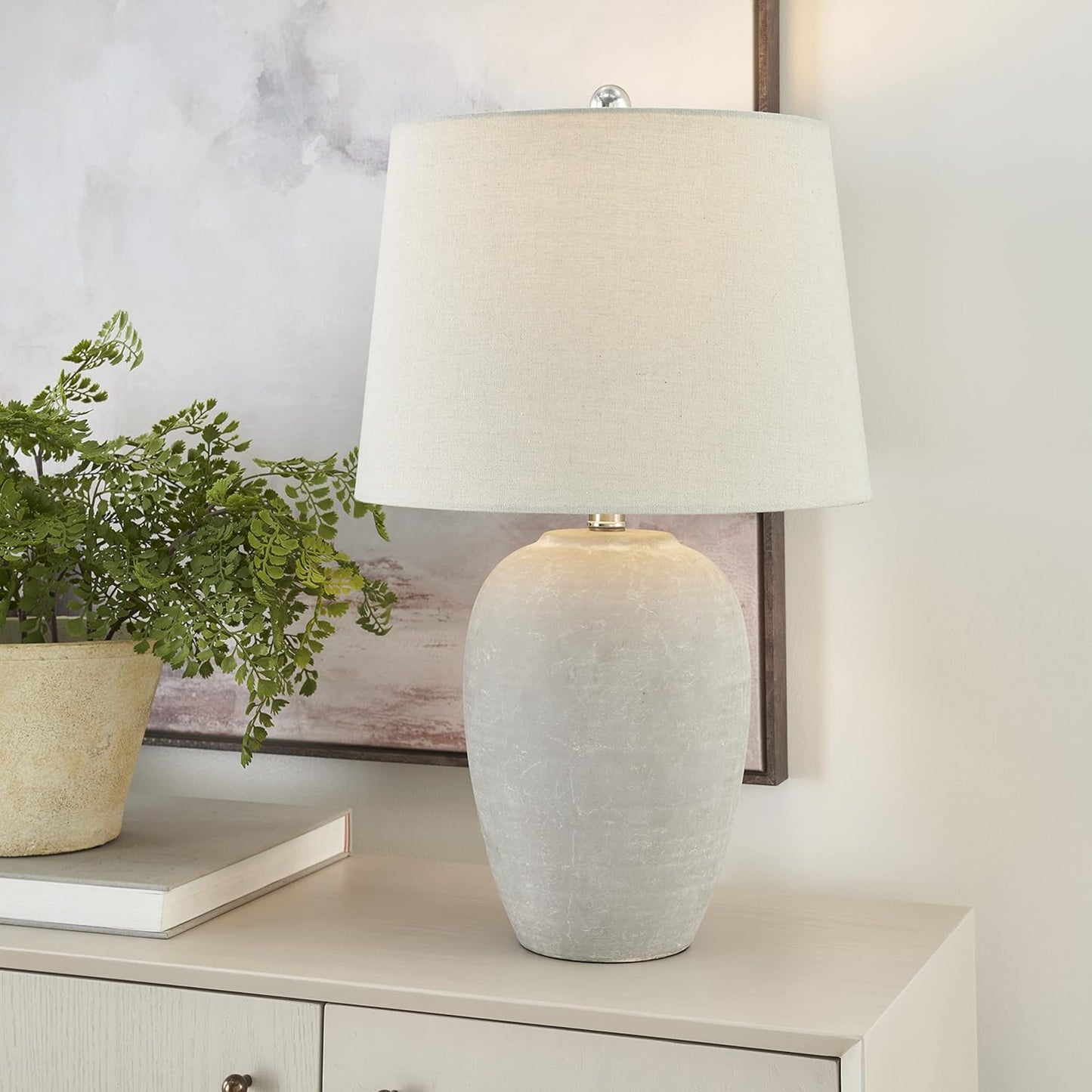 Nourison Home 23" Vintage Grey (White Washed) Ceramic Pot Table Lamp for Bedroom, Living Room, Dining, Office, with Grey Shade