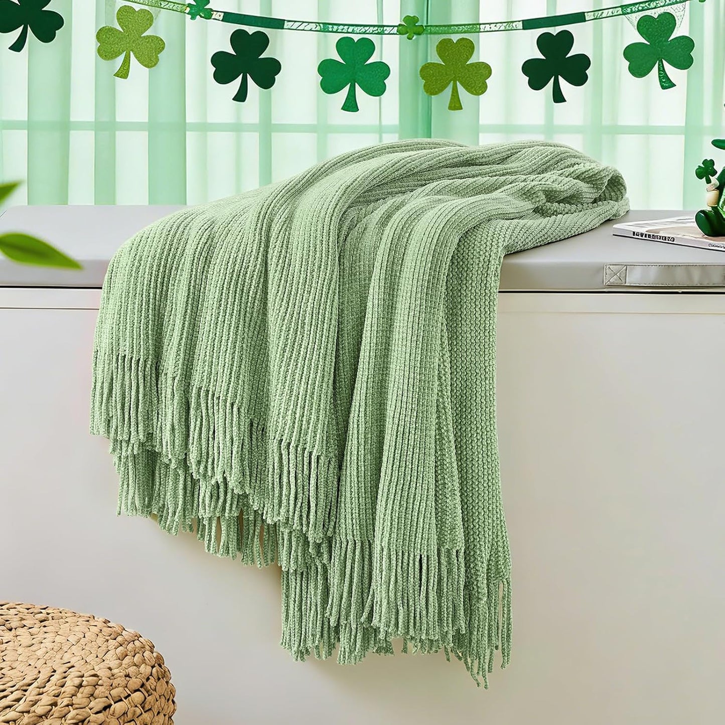 inhand Basil Green Throw Blanket for Couch Bed,St. Patrick’s Day Lucky Spring Gifts Throw for Men Women,Chunky Chenille Woven Soft Warm Blanket,Boho Farmhouse Cozy Decor,60"x80",Medium Thick,