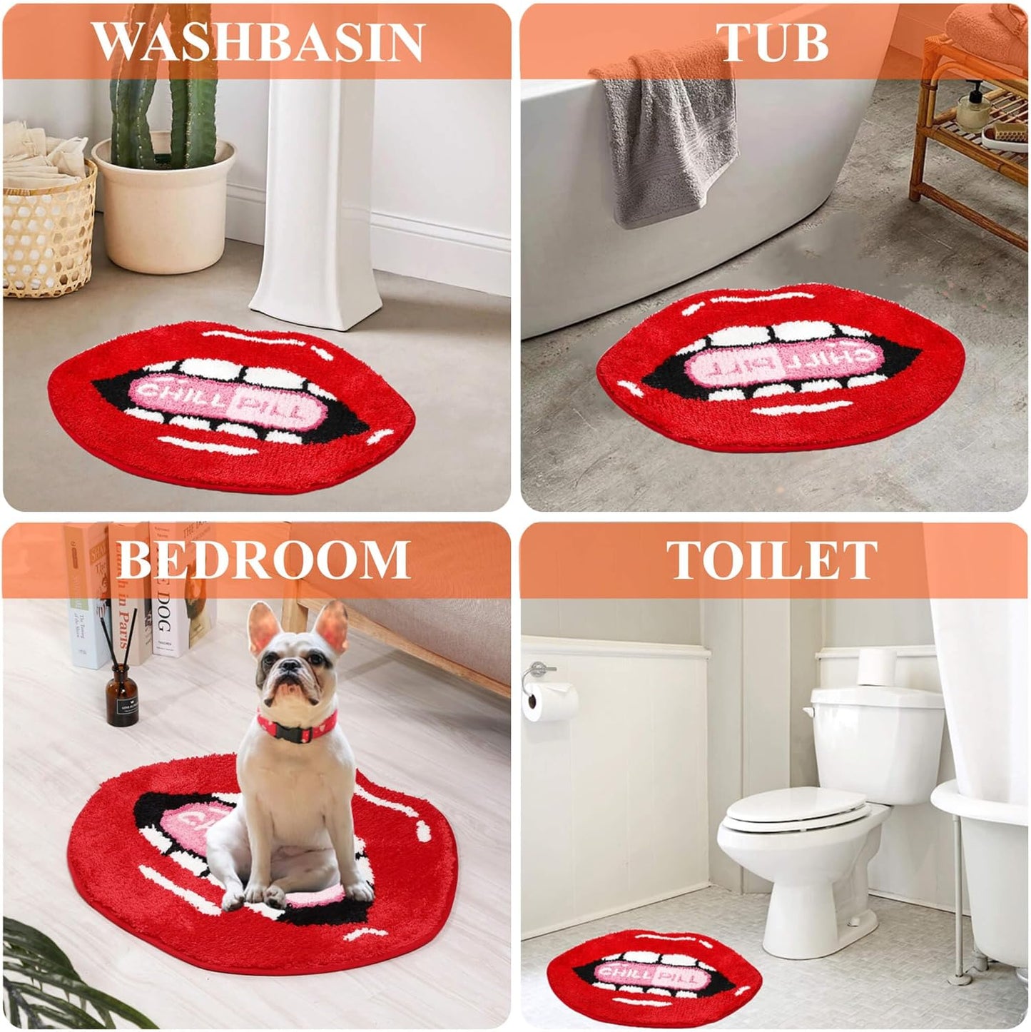 Red lips Bath Mat for Bathroom, Valentine Red Lips Bathroom Rug Non-Slip for Shower, Soft Absorbent Microfiber Bathtub Lips Rugs, Funny Cute Chill Pill Small Washable Floor Mats Kids Room Decor