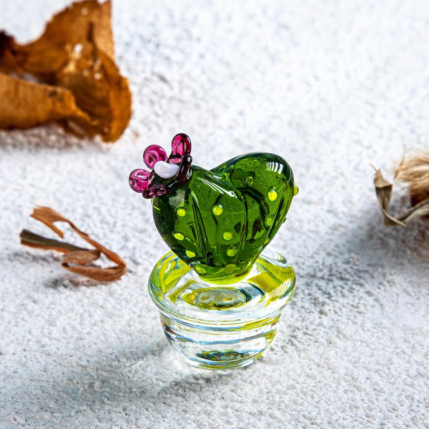 QFkris 1.6" Mini Art Cactus Glass Blown Handmade Glass Figurines Collectibles Table Home Decoration Simulation Plants D