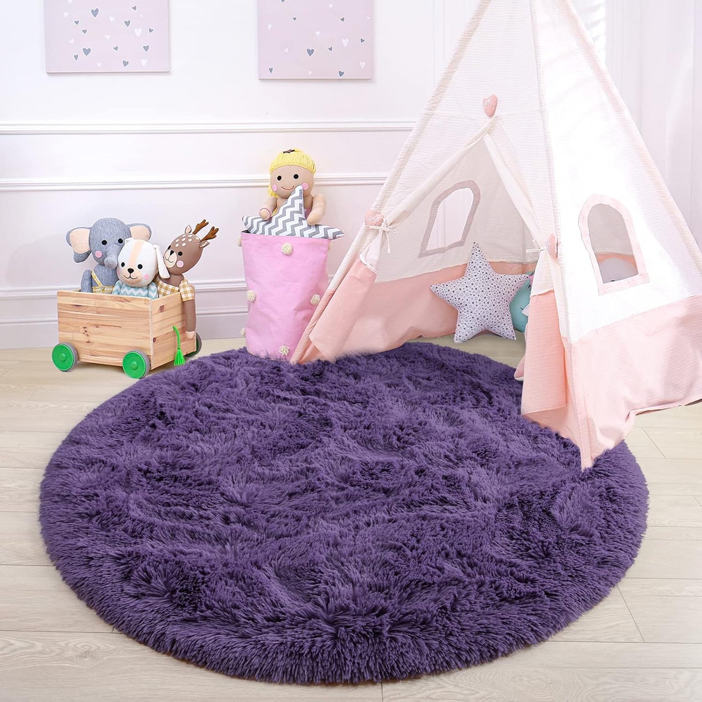 junovo Round Rug 4x4 Feet Fluffy Soft Area Rugs for Kids Girls Room Princess Castle Plush Shaggy Carpet Cute Circle Nursery Rug for Kids Girls Bedroom Baby Room Home Decor Circular Carpet, Gray-purple
