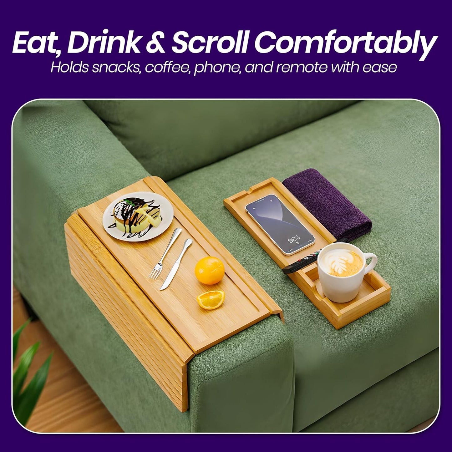 Bamboo Couch Armrest Table, Couch Arm Tray with Removable Couch Cup Holder, 2 in 1 Anti-Slip Foldable Sofa Armchair Caddy Table for Drinks Cellphone TV Remote Snacks, Anti-Slip
