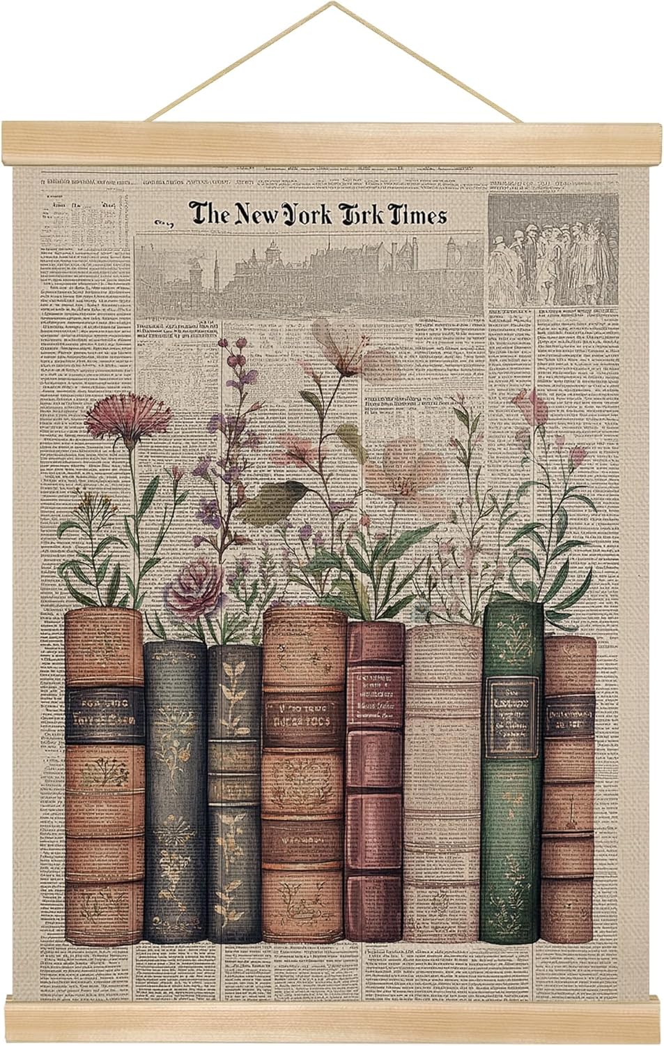 Vintage Book and Newspaper Posters, Retro Floral Wall Art with Wooden Hanger, Reading Corner Decor for Reading Nook, Bookish, Library,Book nook decor 14x18.5inch (BK013)