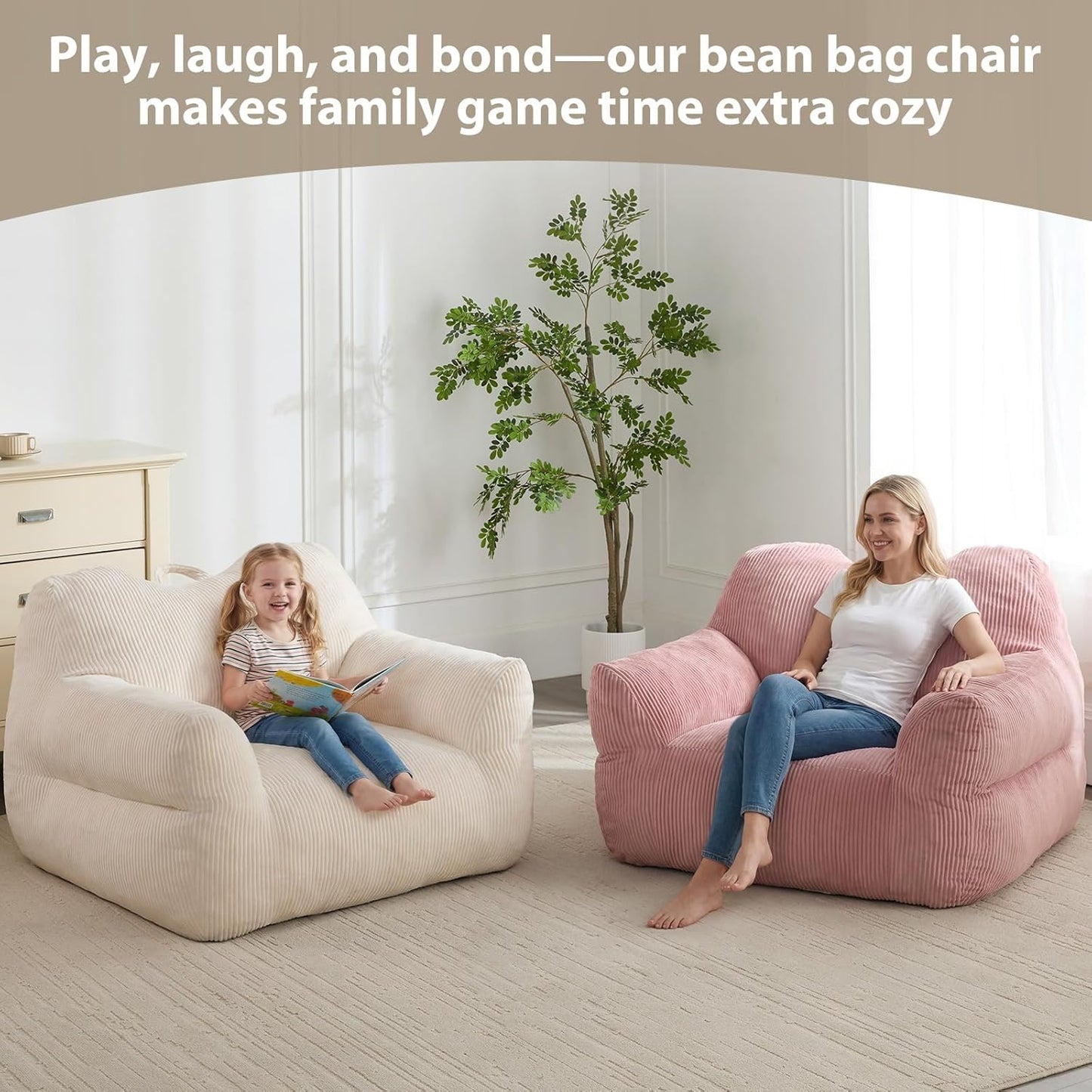 Big Bean Bag Chair for Adults & Kids, Giant Oversized Bean Bag Couch, Comfy Reading Chair with Armrests, Soft Cozy Chair for Bedroom, Lounge Sofa for Gaming, Napping & Relaxing, Beige